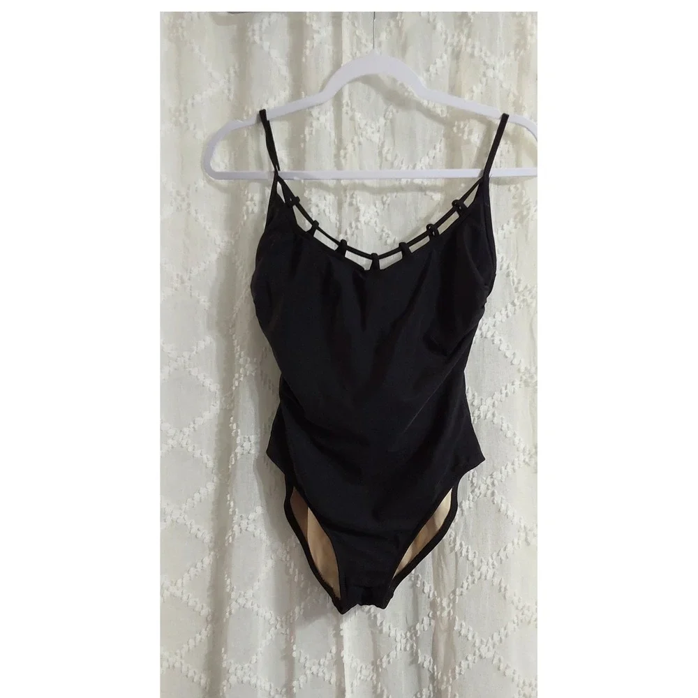 Carol Wior Vintage Black Lattice Cage Neck One Piece Swimsuit Womens Size 8 USA